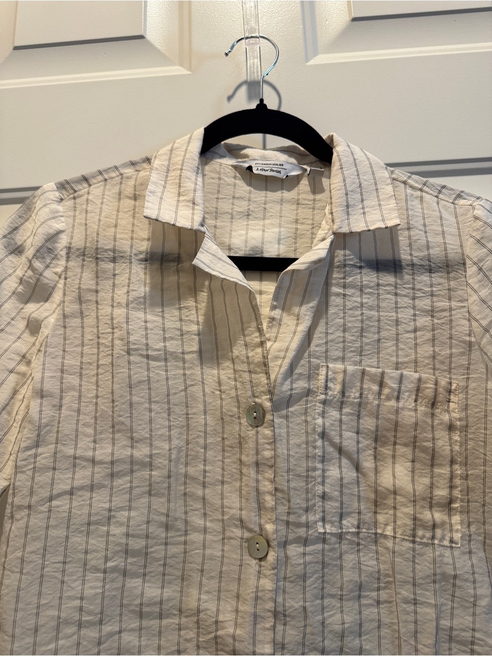 & Other Stories Cream and Gray Striped Short-Sleeve Button-Down - Picture 10 of 10